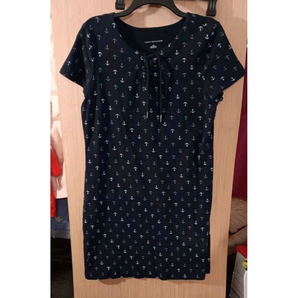 Tommy Hilfiger Largr‎ AOP Blue Anchor Pattern Lace Up T-Shrt Dress Women's